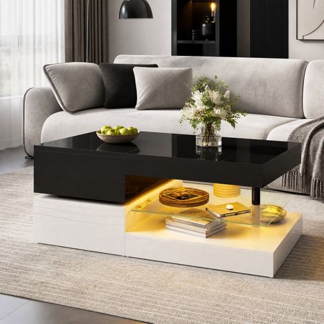 Tavolino da salotto 90x45x35,5 cm nero e bianco con LED e ripiano in vetro, finitura lucida MEUBLIV (1/5)