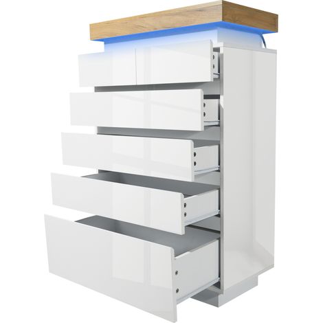 Cassettiera bianca lucida con 6 cassetti e LED, 73 x 39 x 115 cm, HOMVRA (1/5)