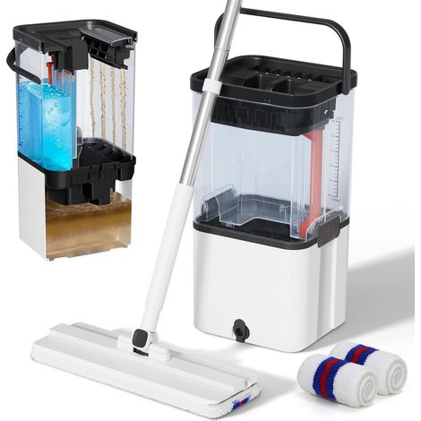 Balai Serpillère Plate Double Réservoir Eau Propre et Sale Manche INOX ajustable 135cm, 2 x microfibre lavables, tête 360°, usage humide/sec pour parquet, carrelage et pierre (1/5)