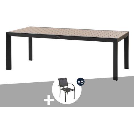 Table de jardin rectangulaire alu Evasion 8 places effet bois Honey Graphite + 8 fauteuils Piazza - Hespéride