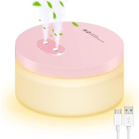2 en 1 Humidificateur d'air Bébé Silencieux Ultrasonique Mini diffuseur sans Fil Timing Veilleuse Nuit, Chaude Lumière,6h/8h Arrêt Automatique, Bureau/Maison/Chambre Bébé-Rose- (1/5)