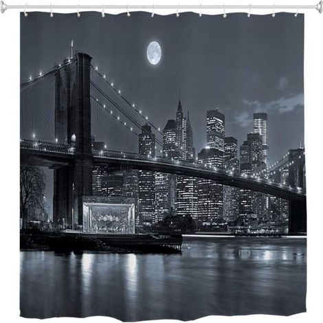 180 x 200 cm großer, schimmelresistenter, wasserdichter Duschvorhang mit Motiven aus New York City, Brooklyn Bridge und der Skyline von Manhattan, aus schwarz-weißem Polyestergewebe. (1/3)