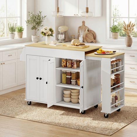Isla de Cocina con Ruedas Encimera Extensible 4 Puertas Estantes Ajustables Especiero y Soporte para Toallas Blanco