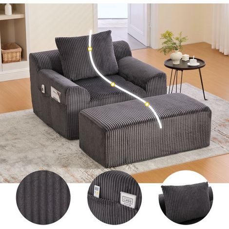 Fauteuil grand modèle velours côtelé gris foncé — assise profonde, repose-pieds & poches latérales (1/5)