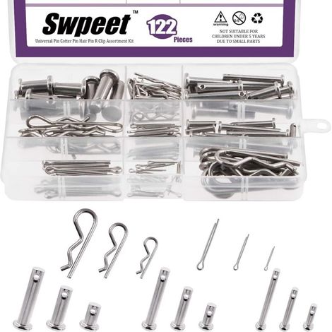 Packung mit 122 Gabelbolzen aus Edelstahl 304 (M4, M6, M8) mit Splint und verzinkten Stahlbefestigungsclips (M1,5, M2, M3).