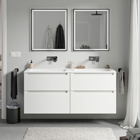 BERNSTEIN - Mueble lavabo doble suspendido MDF blanco mate, lavabos fundición blanco mate sin orificio grifería, cajone giratorio 120x46x62cm VIREO blanco mate, Blanco mate sin agujero para grifería