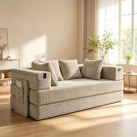 Fabulcozy Sofá cama convertible 2 en 1 de pana, sofá de suelo plegable. Sofá con reposabrazos con almacenamiento, colchón lavable y diseño moderno. Ideal para espacios pequeños, caqui