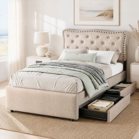 MEUBLIV Cama 90x200 cm beige oscuro – cabecero capitoné y almacenaje, sin colchón (1/5)