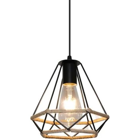Lampe Suspension Industrielle en Corde de Chanvre Plafonnier Luminaire Vintage en Cage Diamant Style Edison pour Salon (1/4)