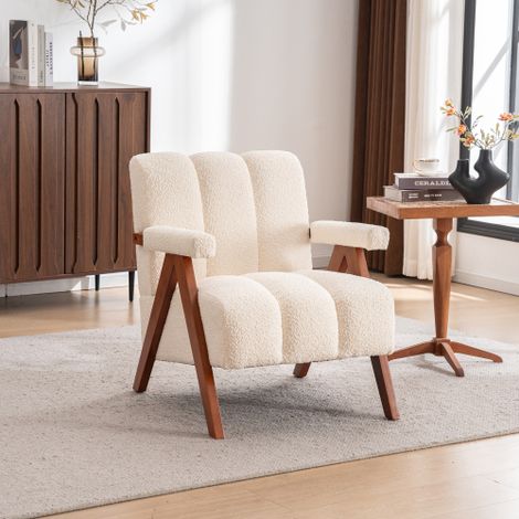 Fauteuil à accoudoirs aspect bouclé cadre bois, pour salon et chambre, beige (1/5)