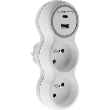 Biplite 16A + 2 USB-A- und C-Ladegeräte Weiß/Grau - Zenitech