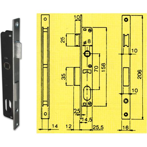 Serrure pour montants, 'Série 92' pour portes en aluminium. Avec trou cylindre ovale, 1 point de fermeture. Sans Cylindre et contropiastra. entraxe 70 mm. Avec verrou.