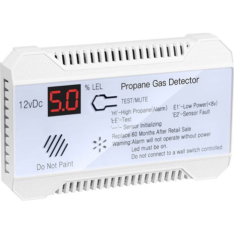 Propangasdetektor für Wohnmobile, leistungsstarker 85 dB Alarm, 12 V DC, Mini- und Kompaktgröße, weißes Digitaldisplay, ideal für Wohnwagen, Wohnmobile und Reisemobile.