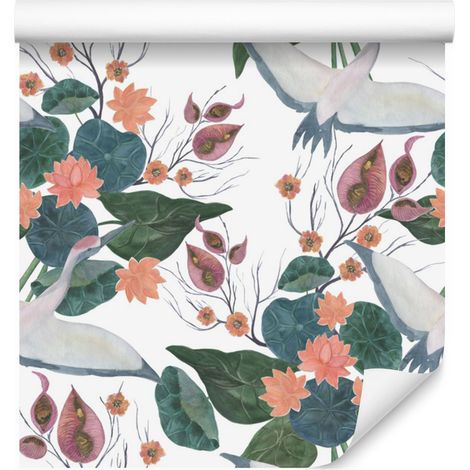 Papier peint à motifs de grues en vol et de fleurs pour salon et chambre 50x1000 cm (1/5)