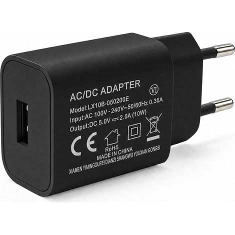 Chargeur USB Secteur 10W Noir 5V/2A, Adaptateur Prise USB Compact EU (1/5)