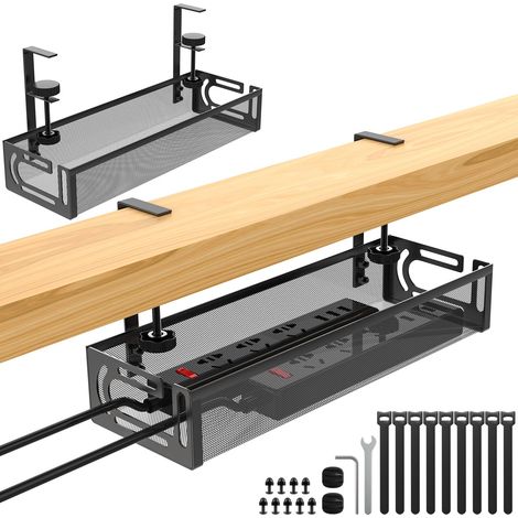 Plateau de Gestion des câbles sous Le Bureau, sans perçage, Organiseur de câbles à Pince pour la Gestion des câbles et des boîte multiprises, Noir Lot de 2 (1/5)