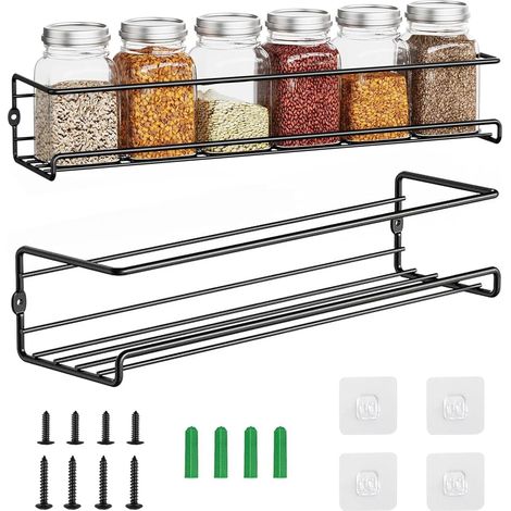 Étagères à Épices Murale, 2 Pièces Rangement Epices Cuisine, 29 × 6,5 × 6,5 cm Étagère à Épices Murale, Cuisines Sans Percage avec 4 Crochets, étagère à Suspendue, pour épices et Condiments, Noire (1/5)