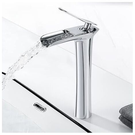 Modern Robinet Lavabo Cascade Haut, Robinet Mitigeur Lavabo Haut en Laiton, Robinet Cascade Eau Chaude et Froide Disponible , Chromé (1/5)