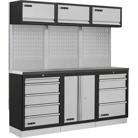 Arredamento modulare officina con piano in inox armadi cassettiere Fervi a008n (1/2)