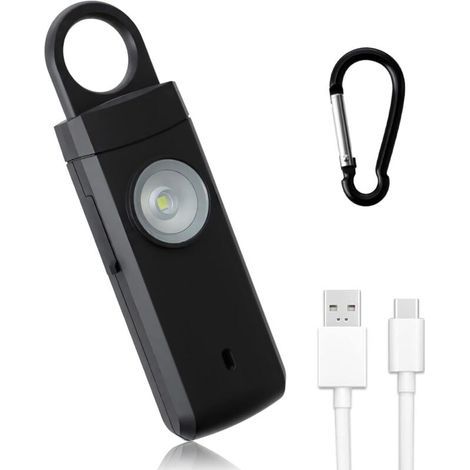 (Schwarz) 130 dB lauter Anti-Überfall-Alarm, wiederaufladbarer Notfall-Sicherheitsalarm, Schlüsselanhänger-Alarm mit LED-Leuchten, USB-Typ-C-Ladeanschluss, tragbares Sicherheitsset (1/5)