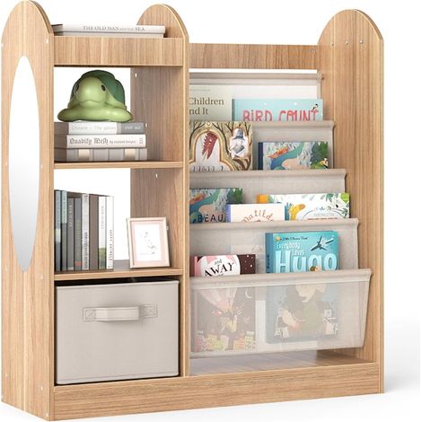 COSTWAY Bibliothèque pour enfants avec miroir, Bibliothèque pour enfants avec étagères à 4 couches, chaussure en tissu et 3 crochets, porte-journaux, Bibliothèque pour enfants pour chambre d'enfants, (1/4)