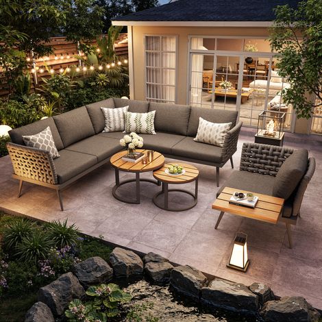 Salon de jardin en rotin PE pour 6-8 personnes - canapé d'angle - en fer galvanisé - 1 fauteuil - table basse gigogne - Gris (1/5)