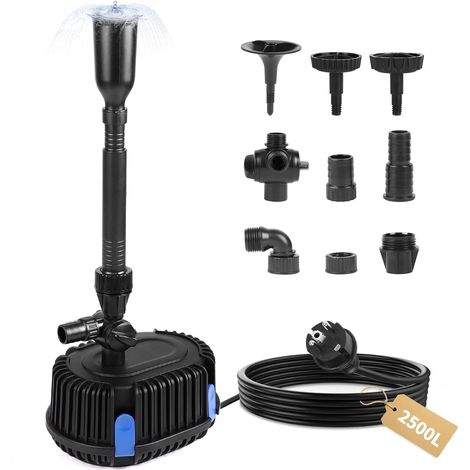 Pompe pour Fontaine Extérieure Jardin 2500L/H 2,7 M, Pompe de bassin 45W avec Câble 10 M, Pompe à Filtre Submersible, Pompe à eau pour Koï, Étang, Ruisseau, Débit Réglable