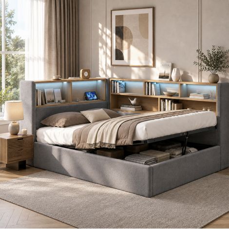 Tagesbett 140 x 200 cm mit hydraulischem Stauraum, grauem Samt, LED, USB und Kopfteil (1/5)