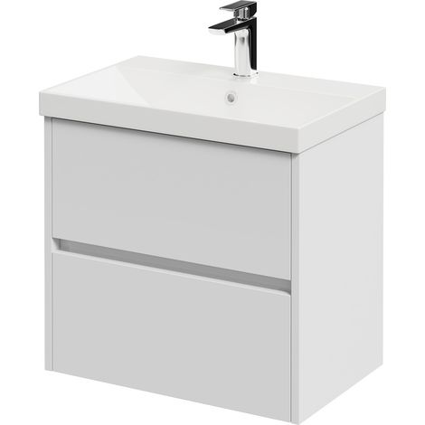 Montego Satin White 600mm Wall Mounted 2 Drawer Vanity Unit with Rimini Basin