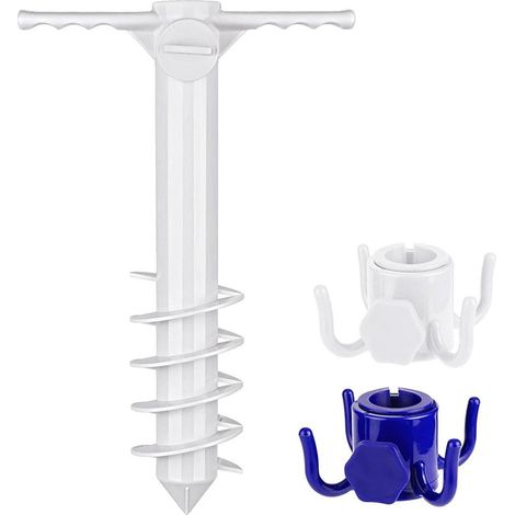 Universal fit for most beach umbrellas, beach umbrella hooks, ground plugs, portable beach accessories for strong wind, five plugs and spiral hooks for umbrellas. (1/5)