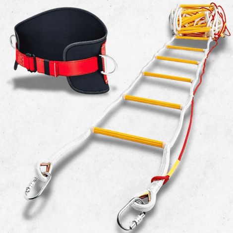 Échelle de Corde de Sécurité 4 étages 10m avec Ceinture de Sécurité - Échelles D'évacuation d'urgence - Résistant aux Flammes - Capacité de Poids 900kg - Mousquetons Inclus (1/5)