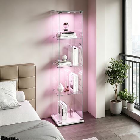 Vitrine en verre trempé 4 niveaux, Éclairage LED réglable, présentoir à simple porte avec serrure, Protection anti-basculement – Dimensions 40x35x163 cm