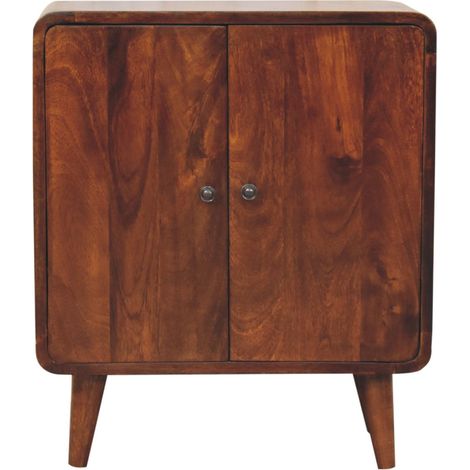 Petit meuble classique en bois massif châtaignier foncé avec 2 portes et 2 étagères – rangement salon, chambre, bureau (1/4)