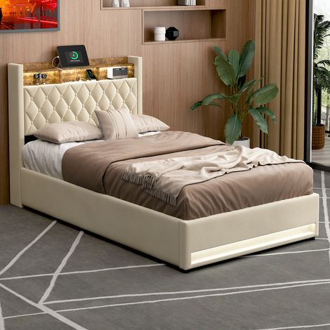 Cama tapizada 140x200 cm de terciopelo con somier de lamas beige y estructura metálica OKMYHOME (1/5)