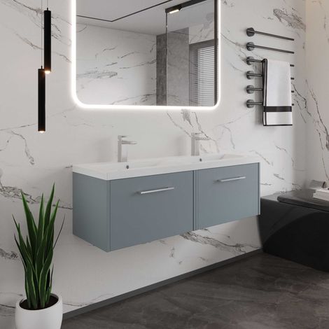 Hudson Reed Juno Matt Coastal Grey 1200mm Wall Hung 2 Drawer Vanity Unit and Twin Polymarble Basins - JNU2322C (1/5)