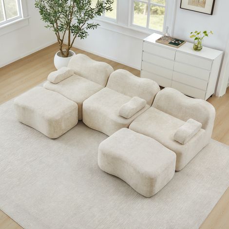 Canapé d'angle modulable 3 places en U, sans structure, livré avec 2 poufs, mousse dense 32D, design ondulé, assise spacieuse, accoudoirs amovibles, pour séjour, teinte beige (1/5)