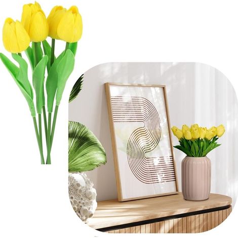 Tulipes artificielles en silicone 34 cm, plantes décoratives pour vase, 5 pièces - Jaune (1/5)