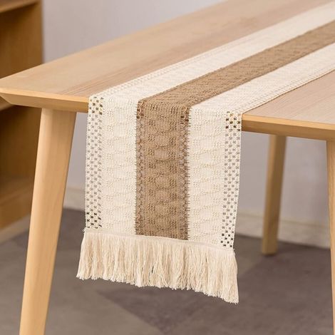 Chemin de Table en macramé, Chemin de Table à Manger 30x180 cm Coton Naturel et Lin, décor de Table à Pompons en Dent au Crochet bohème (1/5)