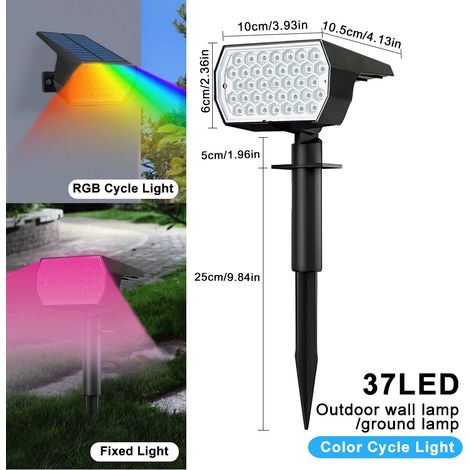 (2 pièces - 37 LED RGB) Projecteurs solaires de jardin à 74 LED RGB, étanches, pour porte d'entrée, cour ou garage. (1/5)