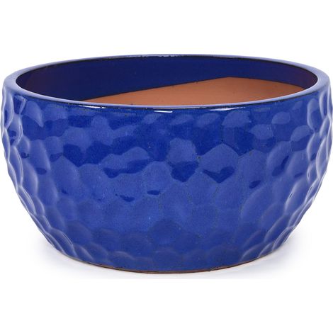 Set de 3 pots de fleurs en céramique artisanale bleu cobalt avec surface martelée, pour plantes d’intérieur et d’extérieur (1/5)