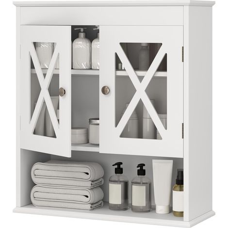 Mobiletto da bagno a parete, armadietto per medicinali con 2 ante in acrilico, ripiano regolabile e scomparto aperto, 20 x 54 x 60 cm, bianco (1/5)