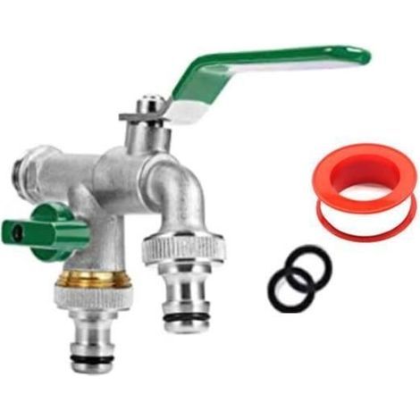 Garden Tap, 1/2" Double Outlet Brass Tap, Rust and Frost Resistant (Green) (1/4)