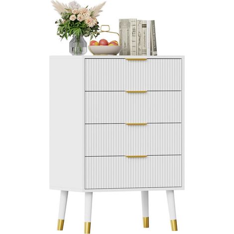 Commode 4 tiroirs blanche design côtelé, meuble de rangement multifonction (1/5)