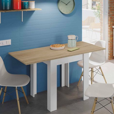 Dmora Mesa extensible Newark, Mesa de comedor plegable con apertura de libro,Mesa auxiliar plegable, cm 67x67/135h79, Blanco y Roble, con embalaje reforzado (1/5)