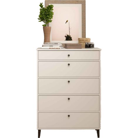 Commode Chiffonnier Meuble de rangement avec 5 tiroirs coloris Blanc - Hauteur 115 x Longueur 82 x profondeur 48 cm (1/3)