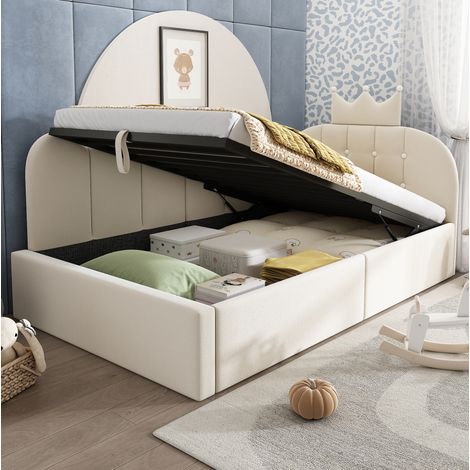 Cama dormitorio con almacenaje y diseño corona beige HAVRYA (1/5)