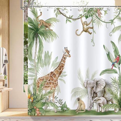 e Rideau de Douche Tropicale Jungle Safari Animaux Rideau de Bain Tissu Polyester Anti Moisissure Imperméable Lavable Rideaux Salle de Bain 180 x 180 cm avec 12 Crochets pour Baignoire (1/5)