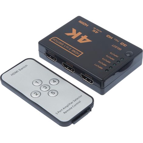 Switch HDMI - Multiprise HDMI - 5 Entrées et 1 Sortie - Pour Résolutions 4K et 3D - Compatible Lecteur Blu-Ray, Vidéo Projecteur, Home Cinéma, PC, etc. - Avec Télécommande - Noir (1/5)