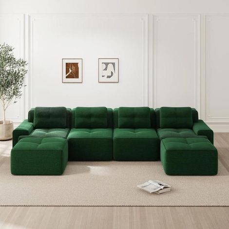 Canapé - KOMHTOM - Canapé modulaire en U - Velours côtelé vert - 4 places - Confort nuage (1/5)