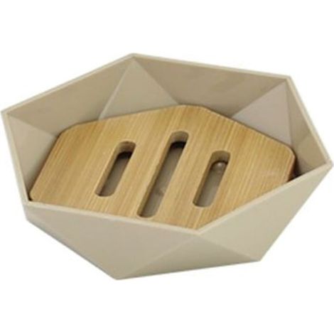 TRADE SHOP - Piattino Porta Sapone Saponetta Forma Esagonale Geometrico Beige Legno Da Bagno 10843 - (1/3)
